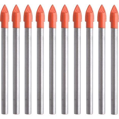 10 steel drill bits for tiles, glass, ceramics, marble and mirrors. 6 mm tungsten carbide tip for hard and fragile materials (1/4)