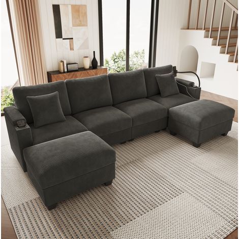 Sofá modular de pana gris 275,5x139x87 cm, forma U/L con USB, USB-C y soporte para móvil (1/5)