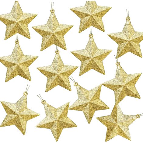Set mit 12 goldenen Weihnachtssternen zum Aufhängen mit Kordeln zur Dekoration von Weihnachtsbaum, Kamin oder Tisch (7,5 cm) (1/5)