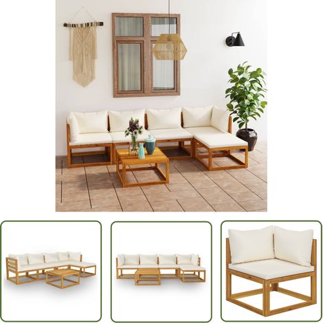 The Living Store 6-tlg. Garten-Lounge-Set mit Auflagen Creme Massivholz Akazie - Gartenmöbel - Loungeset - Outdoor Möbel - Esszimmergarnitur - Holz Lounge Set (1/5)
