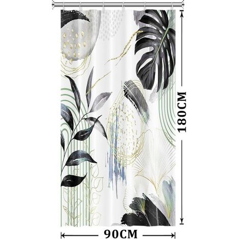Rideau Douche Noir, Rideau de Douche 90x180cm Anti Moisissure Gris Tropical Feuilles de Palmier Boheme (1/5)