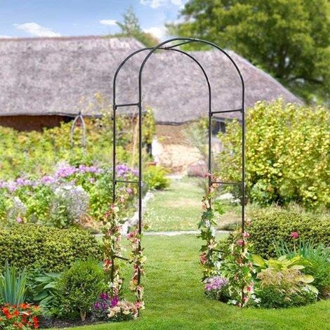 Metal Garden Arch 2.4m Steel Garden Arbour Black Climbing Plant Support Frame Powder Coated Galvanised Outdoor Archway