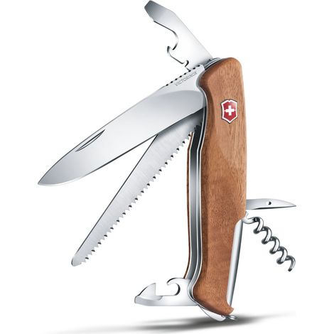 Couteau multifonction Victorinox Ranger Wood 55 – 10 outils en bois de noyer – Lame verrouillable et scie à bois – Pour camping et plein air