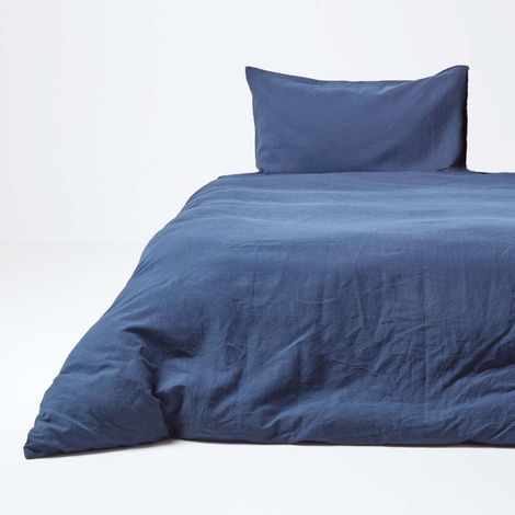 HOMESCAPES Parure housse de couette en lin lavé et taie d'oreiller Bleu marine - 150 x 200 cm
