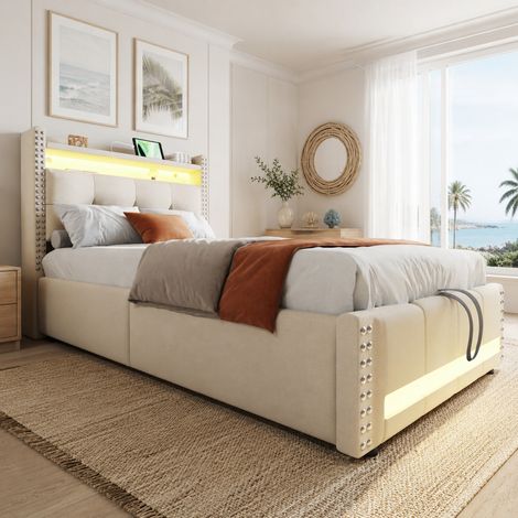 Letto singolo per bambini 90x200 cm LED USB con contenitore, beige, legno, senza materasso (1/5)