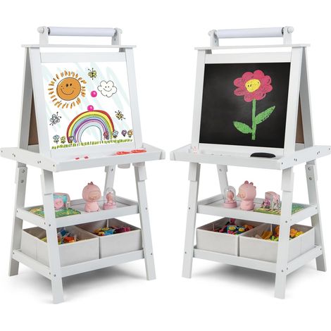 COSTWAY Pizarra de Doble Cara para Niño Caballete de Infantil Tablero de Pie con 2 Cajas de Almacenamiento,Rollo de Papel y Estantes (Blanco) (1/5)