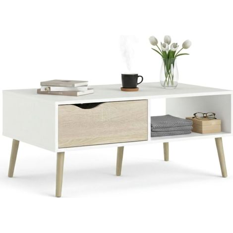 Dmora Couchtisch, Farbe Weiß und Eiche, 98,7 x 43,3 x 60,2 cm