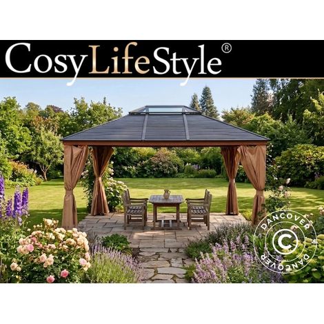 Pavillon Santa Clarita mit Vorhängen, 3,6x4,6m, Holzoptik - Dancover