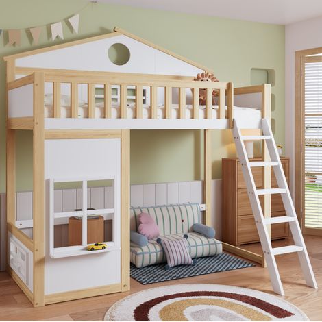 Letto bambino a casetta con scala, 90 x 200 cm, protezione 4 lati, bianco e naturale HAVRYA (1/5)