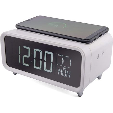 Réveil numérique blanc avec lumière de réveil - chargement sans fil - double alarme - veilleuse à intensité variable - commande tactile - écran LCD (1/5)