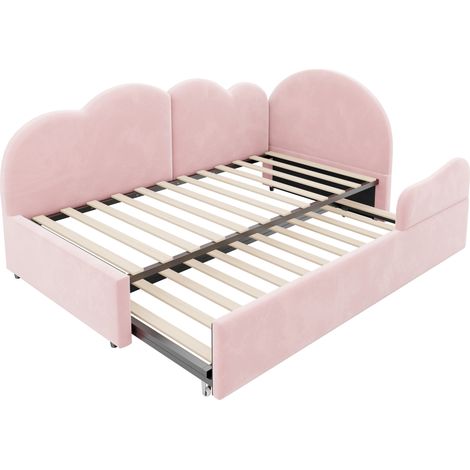 Cama tapizada en L con cama nido 90 x 200 cm, terciopelo rosa, cabecero nube (1/5)