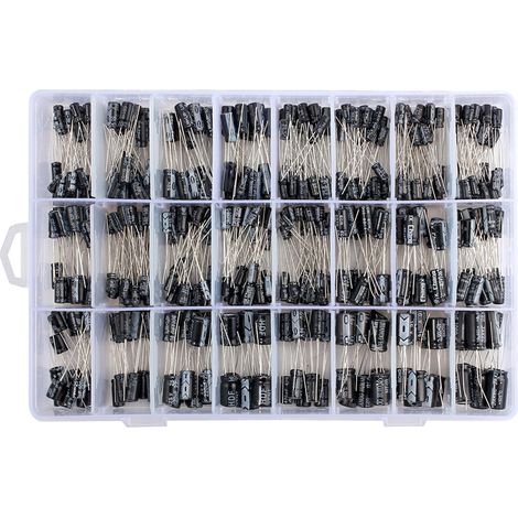 Kit d'assortiment de condensateurs électrolytiques, 500 pièces, 24 valeurs 0.1UF-1000UF, ensemble en aluminium avec boîtier en plastique (1/4)