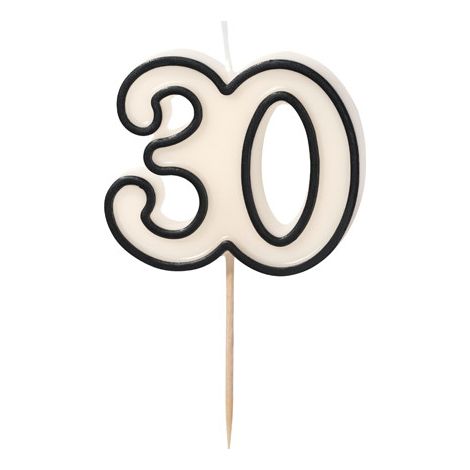 Vela de cumpleaños '30', treinta, blanco y negro, 5,5 cm