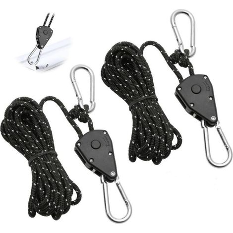 Ensemble de 2 cordes à cliquet réglables, 4 mètres, poulie à cliquet noire de 1/8", tendeur de corde à cliquet réfléchissant, convient pour l\'éclairage, le jardinage, les tentes et la randonnée (1/5)