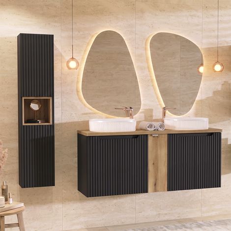 Conjunto de muebles con doble lavabo 140cm 5 puertas y columna Riva Negro y Madera (1/4)