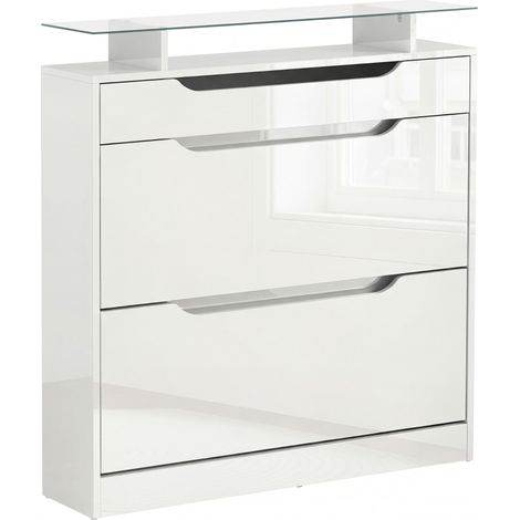 Meuble à chaussures moderne Slim avec 2 portes battantes et tiroir en bois et verre, dimensions 89x23x96 cm, couleur blanche (1/5)