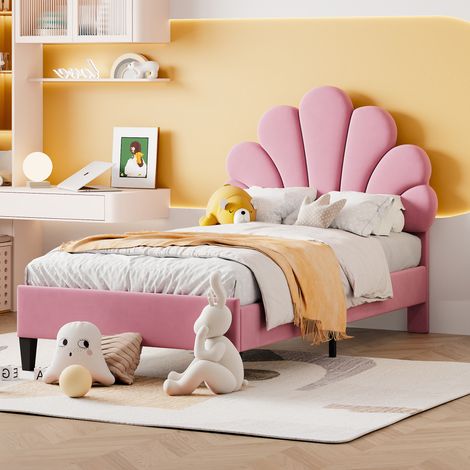 Polsterbett 90/200 cm rosa aus Samt mit Kopfteil in Blumenform (1/5)