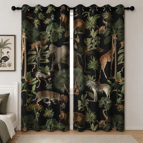 Safari Curtains Jungle Wild Animals Tropical Elephant Giraffe Zoo Blackout Curtains with Eyelets for Bedroom Kids Bedroom 2 Panels 46x90 inch (1/5)