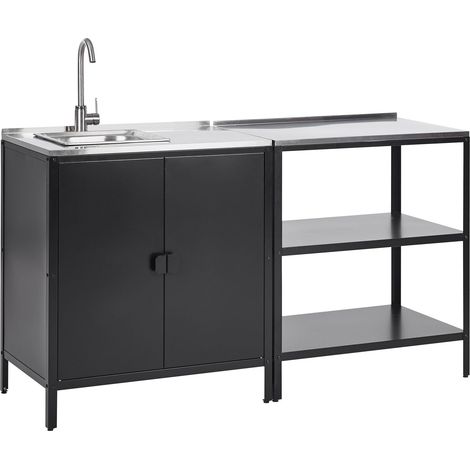 Set di 2 elementi per la cucina all'aperto in acciaio inox nero con vano portaoggetti e armadietto con lavello Vilama