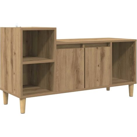 Meuble TV rectangulaire pratique avec 2 portes et étagère salon style rustique en bois d'ingénierie chêne artisanal