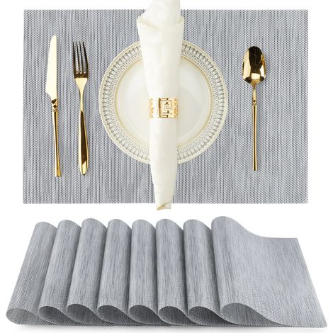 Lot de 8 Blanc argenté sets de table en PVC tissé résistant à la chaleur pour la maison et la salle à manger (1/2)