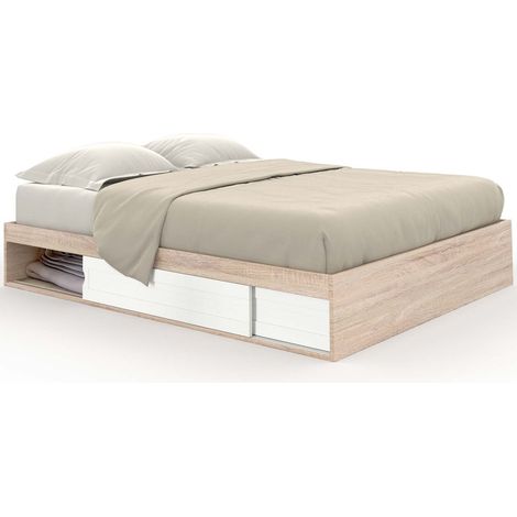 Idmarket – Cadre de lit double avec rangements – 140 x 190 cm – Effet bois et blanc – Sommier 10 lattes inclus – Ouverture portes coulissantes