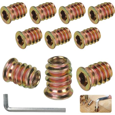 Insert Fileté Bois M6 x 10mm, 10 Pièces Douille Filetée Visser Inserts Écrous à Zinc, Insert D'écrou Borgne Metal Ecrou Hexagonal, Intérieur Manchons a Visse Vis Tête, pour Meubles en Bois (1/5)