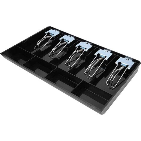 Tiroir-caisse pour monnaie en plastique ABS, 5 compartiments avec clips métalliques, noir (1/5)