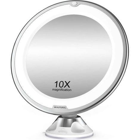 Grossissant Miroir Maquillage 10x avec Lumières LED 1 Joint à Bille d'attache Ajustable à 360° Miroir Cosmétique Portable, pour Salle de Bain, Voyage (1/5)