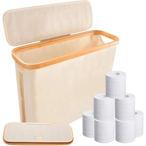 Boîte de rangement pour papier toilette avec couvercle, capacité jusqu'à 12 rouleaux, organiseur de salle de bain, beige (1/5)