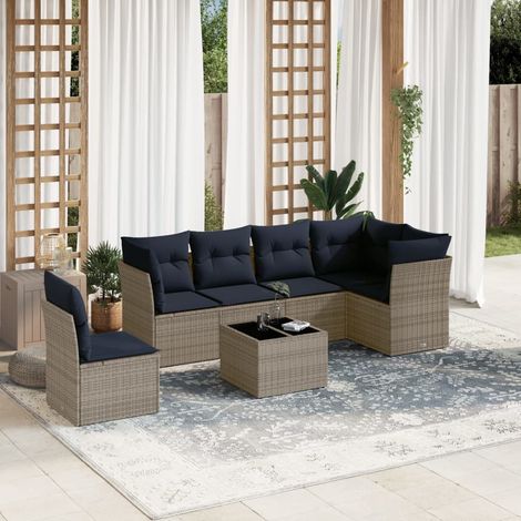 7-teiliges Gartensofa-Set mit Kissen, grau, Polyrattan