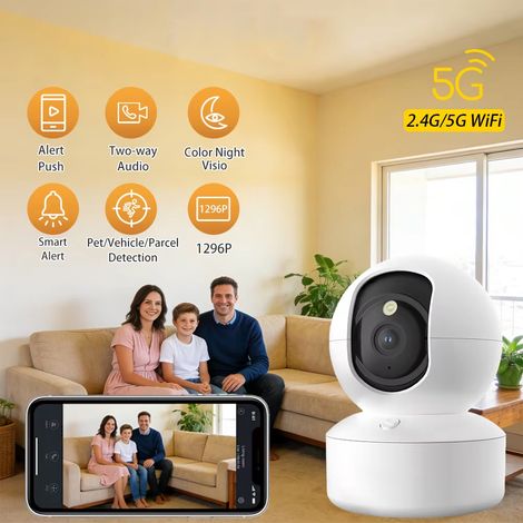 Caméra surveillance 2K – WiFi double bande (5G/2,4 GHz) – PTZ 360° – Vision nocturne – Audio bidirectionnel