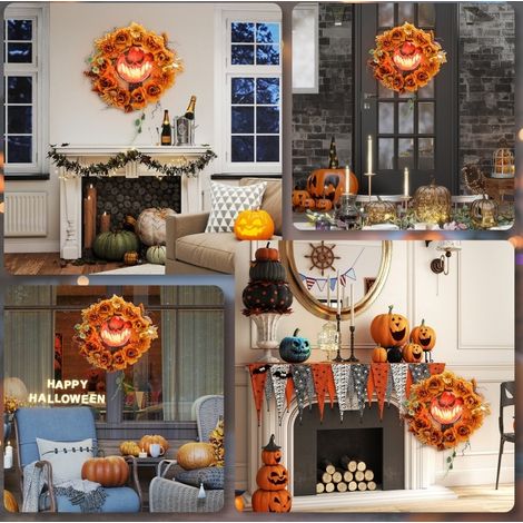 Corona de Halloween (37x11x37 cm), con 44 LEDs, diseño de calabaza, acero y naranja (1/5)