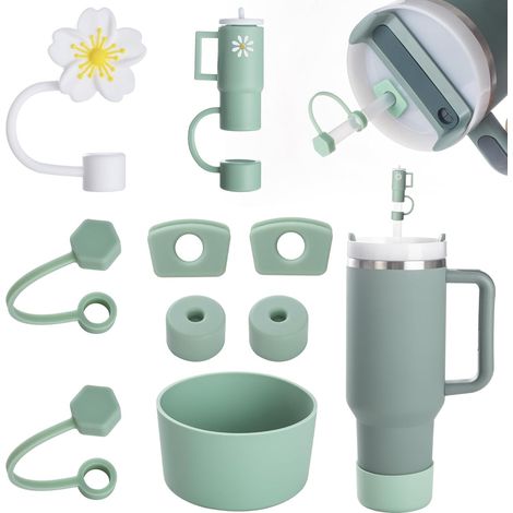Adatto al set di accessori Stanley Cup, comprendente 6 tappi in silicone anti-perdita, 2 coperchi per cannuccia, 1 custodia in silicone per tazze Stanley Cup da 1,2 l e 850 ml, tazze non incluse (verd