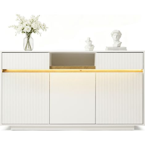 ELVMI Sideboard mit 3 Türen, 2 Schubladen, Fach, Verstellbaren Böden, LED, für Wohnzimmer, aus Weißem Holz, 140x40x85 cm (1/5)