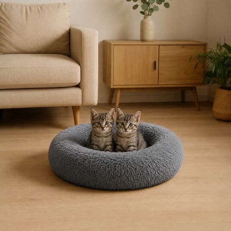 belviona Donut Katzenbett, weiches Katzenkörbchen mit flauschigem Plüsch, rutschfest & gemütlich, 50 cm Durchmesser, dunkelgrau (1/4)