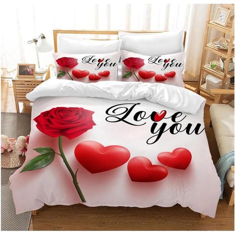 Parure de lit 3D Housse de Couette et 2 taies d'oreiller en Microfibre avec Fermeture éclair,Roses avec Amour 90x190 cm - 8M6 (1/4)
