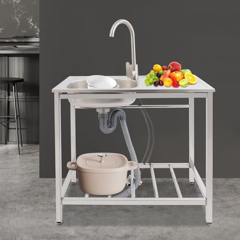 Évier d'extérieur autonome, meuble d'évier avec évier et robinet, en acier inoxydable, évier de cuisine avec un seul bac 754075cm (1/5)