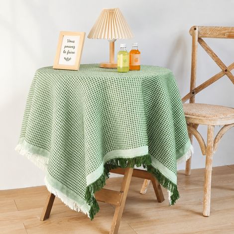 Nappe Coton et Lin Tissage Uni Vert Herbe 180x180 cm avec Pompons Inclus Table Salon Salle à Manger 30 × 30 × 30 cm 1 kg – Livraison gratuite