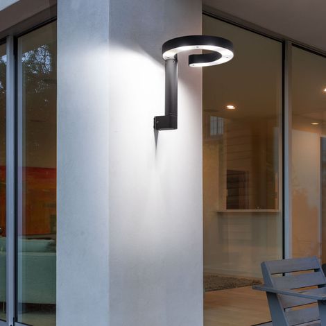 Wandleuchte Aussen LED Wandlampe Aluminium Kunststoff Leuchten Aussen satiniert grau, Ring-Design, 1x LED 6 Watt 280 Lumen warmweiß, HxBxT 20x22x22,5 cm