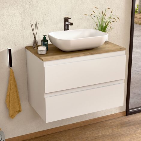 BELLOBATH – Hängender Waschtischunterschrank mit Keramikwaschbecken, Schrank mit 2 Schubladen, 60 x 55 x 46 cm, weißer Schrank und Eichenholzplatte
