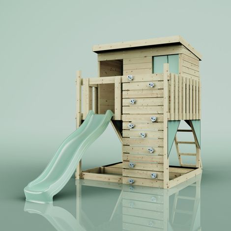Polarplay – Maison sur pilotis vert 415 x 190 cm – Hauteur 260 cm – Toboggan 220 cm – Poids maximum 50 kg – Pour enfants à partir de 3 ans (1/5)