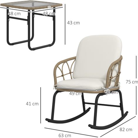 Ensemble chaises basculantes rotin 3 pièces : 2 chaises + 1 table basse, avec coussins, pour terrasse et balcon