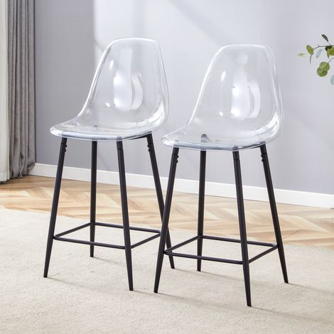 Sgabello da bar moderno, sedile trasparente con poggiapiedi, struttura in metallo nero, plastica (1/5)