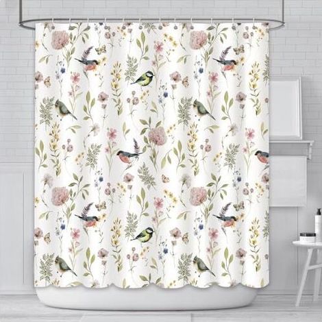 Shower Curtain 180 x 180 cm Floral Bird Plant Grass Pattern Bathroom Curtain Durable Waterproof Polyester with 12 Hooks