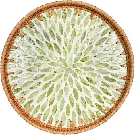 Round Rattan Serving Tray, Decorative Living Room Table, Mosaic Tray 30cm, Rustic Tray for Coffee, Drinks, Breakfast, Tea, Candles, Fruits, Snacks Style B (1/5)