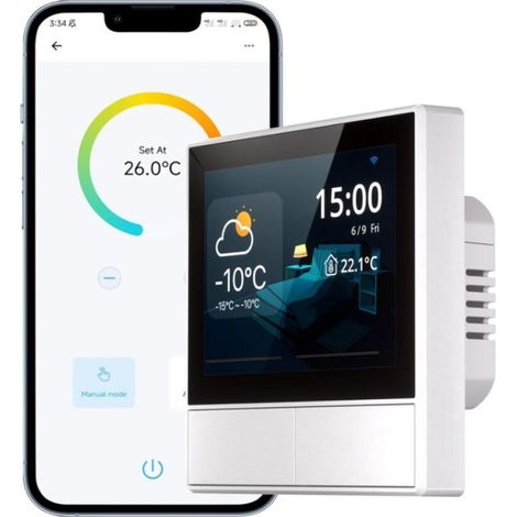 (blanc) Interrupteur de Scène Intelligent, Interrupteur Mural WiFi (2 Gang), Thermostat sans Fil Domotique,APP et Contrôle de Scène Intelligent, Compatible avec Alexa et Google Home (1/5)