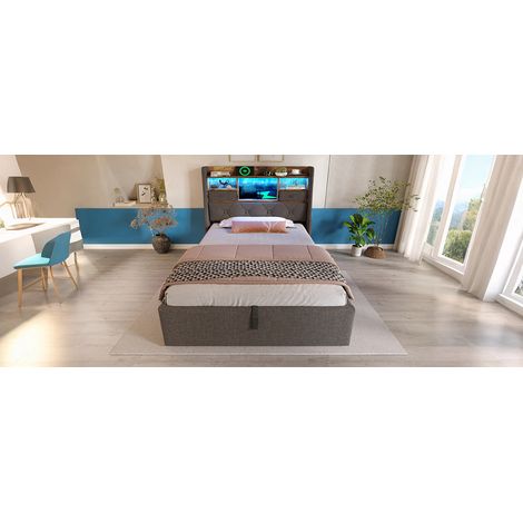 Cama Polsterbett 90x200 cm con Espacio Almacenaje Hidráulico, LED y 4 Estaciones de Carga (USB/C) (1/5)