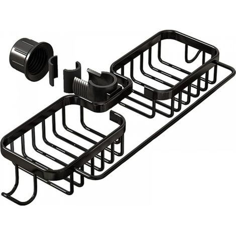 Étagère de douche double noire 36 x 13 x 3,9 cm 1 porte-savon de douche en aluminium Aucun perçage requis Panier de vidange de cuisine (1/5)