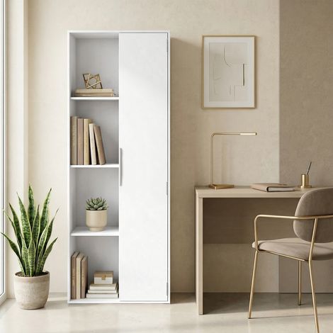 Libreria a 4 ripiani con ripiani regolabili, scaffalatura con armadietto e ante per soggiorno, studio, bianca
